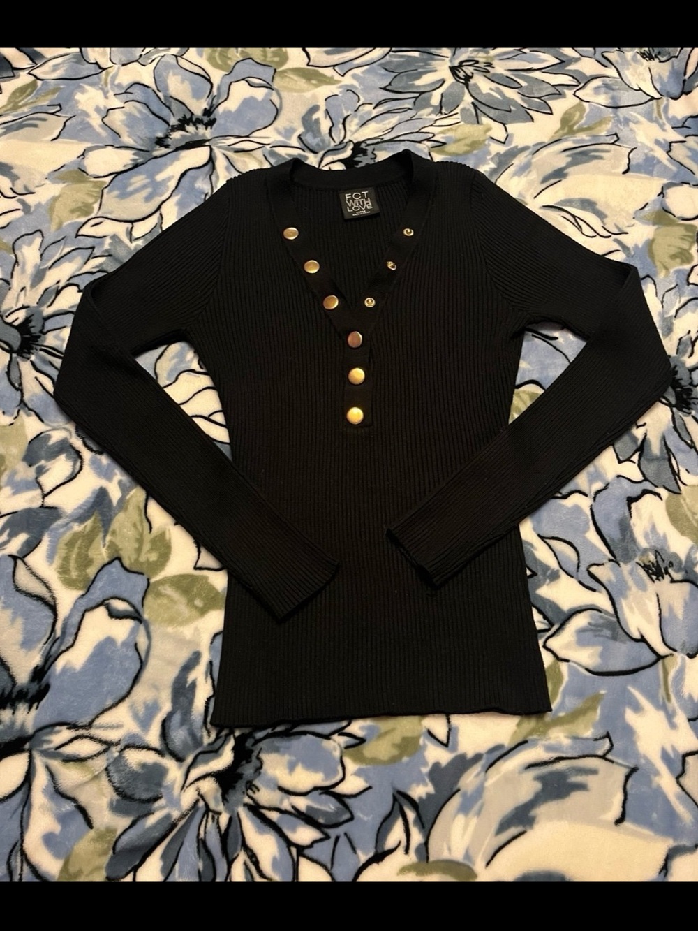 Eloquii Black Ribbed Long-Sleeve Top with Gold Button Placket